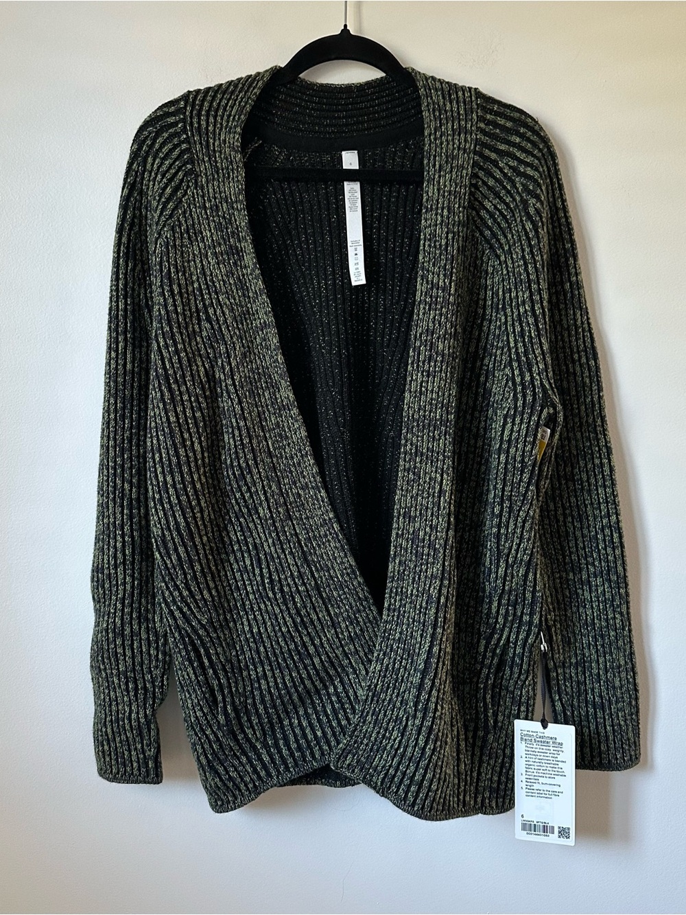 NWT Lululemon Cotton Cashmere Blend Sweater Wrap Cardigan Green/Black Size 6